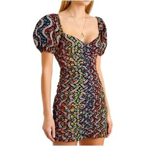 Rhode Esme Mini Dress. Multicolor Floral Ruched Body. Puff Sleeves. Sz 2. NWT
